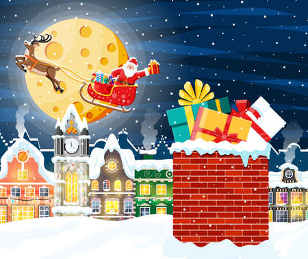 Christmas Gifts Box with Bow in Chimney.のイラスト素材