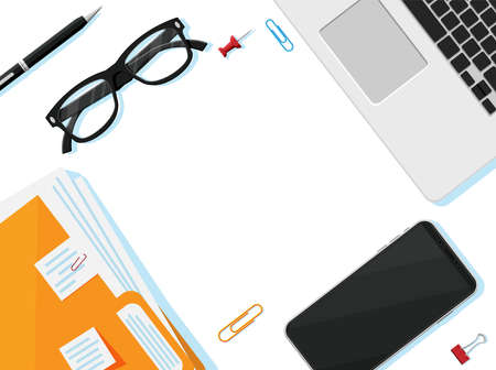 Desk with Office Supplies on White Background