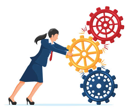 Businesswoman Joining Three Gears Together.のイラスト素材