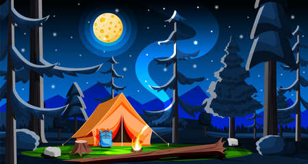 Night Meadow with Grass and Camping.のイラスト素材