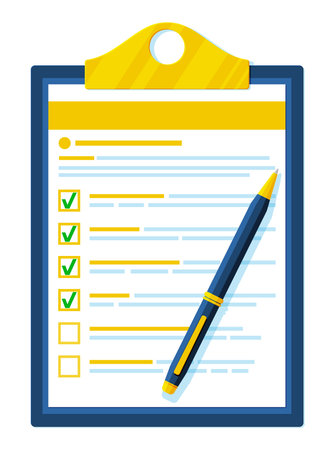 Clipboard with Checklist and Pen. Questionnaire, Check List, to do list, Survey, Task List. Blue Clip Board with White Paper and Pen. Office Stationery or Paperwork Concept. Flat Vector Illustrationのイラスト素材