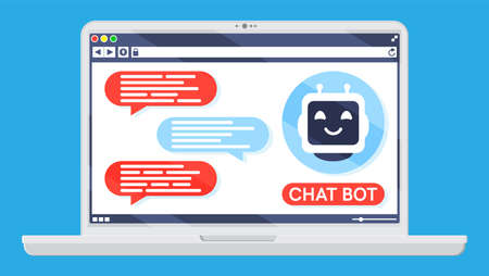 Laptop with Chat Bot Speak in Bubble on Screen.
