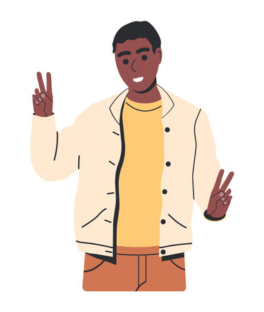 Cheerful Man Showing Peace Gesture with Fingers.のイラスト素材