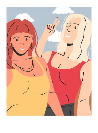 Couple of Stylish Woman Taking Selfie Together.のイラスト素材