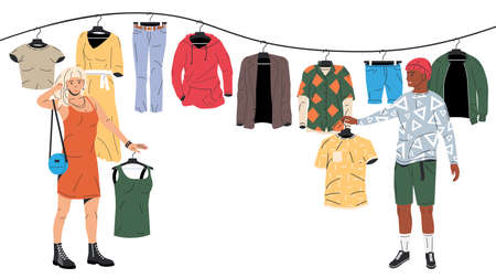 Woman and Man Near Rack with Clothes.のイラスト素材