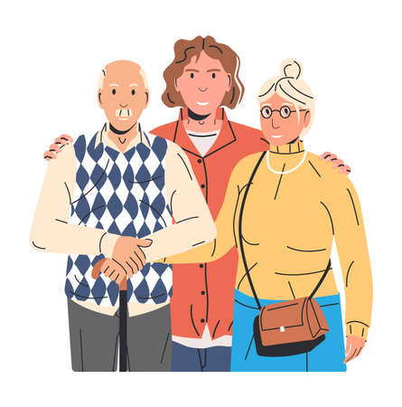 Adult Son Hugging Old Father and Mother Isolated.のイラスト素材