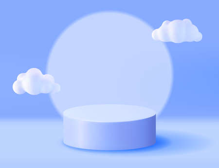 3D Blue Podium with Fluffy Cloud Background.のイラスト素材