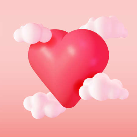 3D Fluffy Cartoon Clouds with Red Heartのイラスト素材