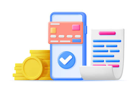 3D Smartphone with Paper Bill, Bank Card and Coinのイラスト素材