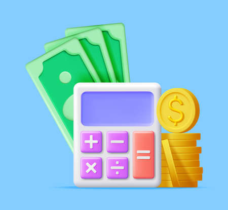 3D Modern Calculator with Golden Coins and Billsのイラスト素材