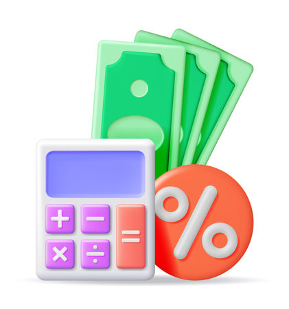 3D Calculator with Percent Symbol and Banknotesのイラスト素材