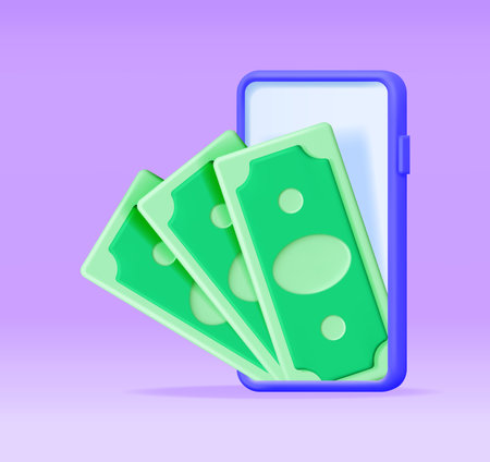 3D Phone with Dollar Banknotes on Screenのイラスト素材