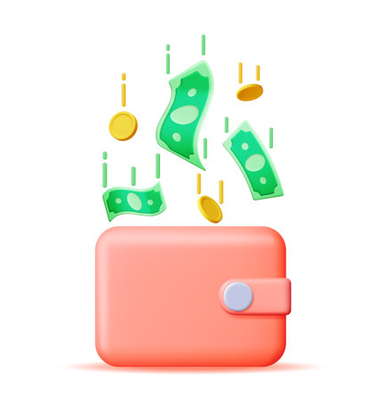 3D Dollar Banknotes and Coins in Leather Walletのイラスト素材