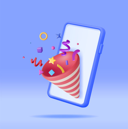 3D Party Popper with Confetti on Mobile Phoneのイラスト素材