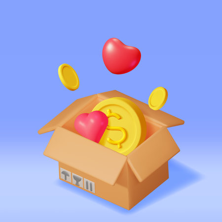 3D Cardboard Box with Gold Coins and Heartsのイラスト素材