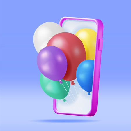3D Smartphone with Bunch of Balloons Flyingのイラスト素材