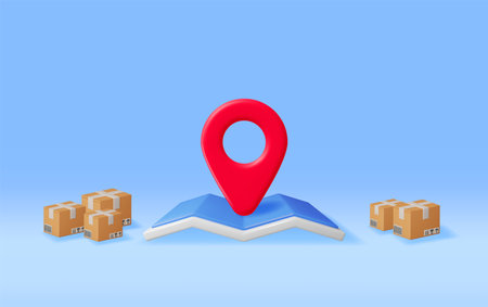 3D Carton Packaging Box with Map and Location Pinのイラスト素材