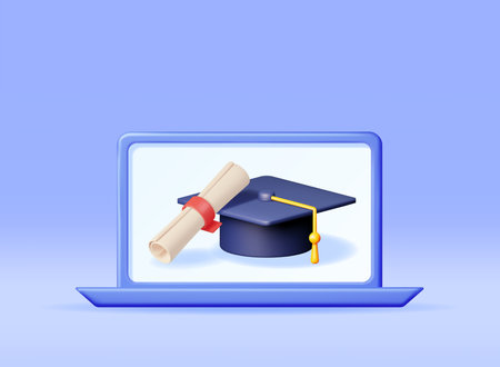3D Computer with Graduation Cap and Diplomaのイラスト素材