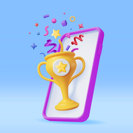 3D Winner Smartphone with Gold Trophy and Confettiのイラスト素材