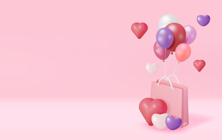 3D Pink Shopping Bag with Balloon Heartsのイラスト素材