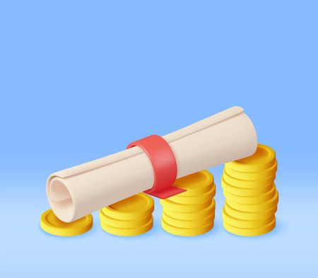 3D Graduation Diploma Scroll and Gold Coin Stacksのイラスト素材