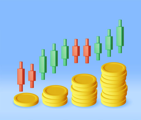 3D Growth Stock Chart Arrow with Golden Coinsのイラスト素材