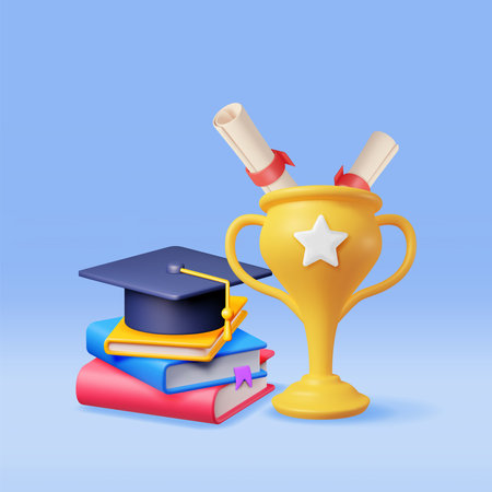 3D Gold Trophy, Books Stack and Graduation Capのイラスト素材