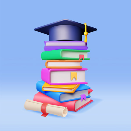 3D Graduation Cap with Diploma and Pile of Booksのイラスト素材