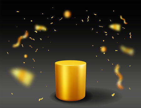 3D Gold Podium with Confetti on Black Background.のイラスト素材