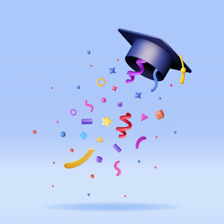 3D Graduation Hat in Air with Confettiのイラスト素材