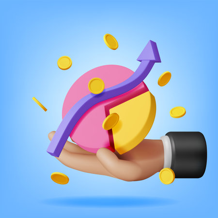 3D Pie Diagram with Golden Coins in Handのイラスト素材