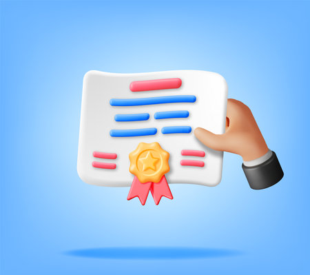 3D Certificate Icon with Stamp and Ribbon in Handのイラスト素材
