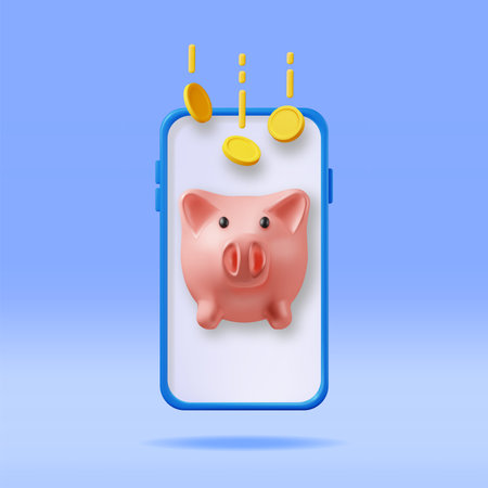 3D Piggy Bank with Coins in Mobile Phoneのイラスト素材