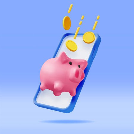 3D Piggy Bank with Coins in Mobile Phoneのイラスト素材
