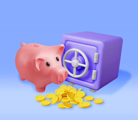 3d Safe Box Full of Money and Piggy Bankのイラスト素材
