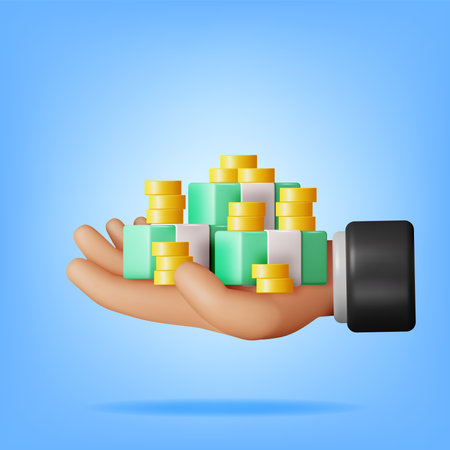 3D Dollar Banknote and Gold Coin in Handのイラスト素材