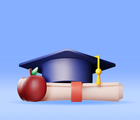 3D Apple Certificate with Stamp and Graduation Capのイラスト素材
