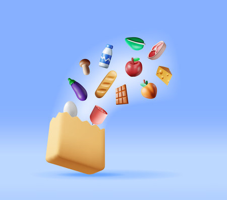 3D Shopping Paper Bag with Fresh Productsのイラスト素材