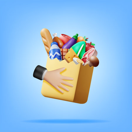 3D Shopping Paper Bag with Fresh Products in Handのイラスト素材