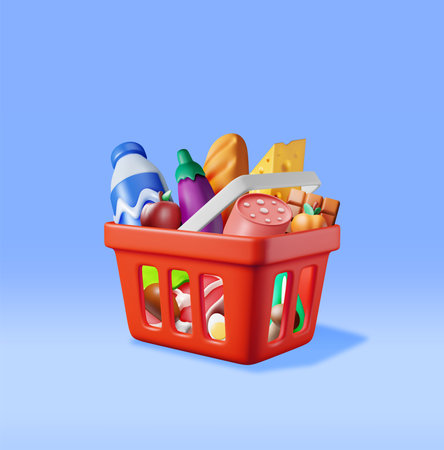 3D Shopping Plastic Basket with Fresh Products. Render Grocery Store, Supermarket. food and drinks. Milk, Vegetables, Meat Chicken, Cheese, Sausage, Salad, Bread Chocolate Egg. vector illustrationのイラスト素材