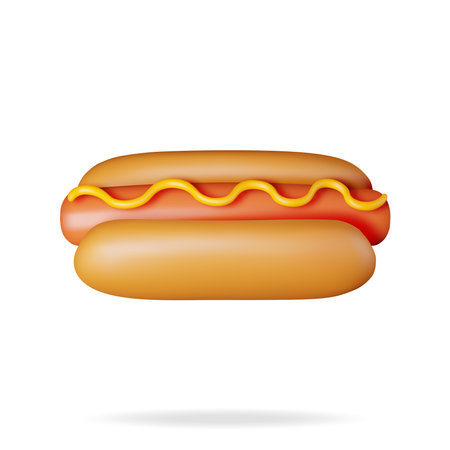 3D Hot Dog with Mustard Isolated on White. Render Hot Dog Icon. Sausage with Bun and Mustard. fast food concept. Fat, Unhealthy Food. Cartoon Vector Illustrationのイラスト素材