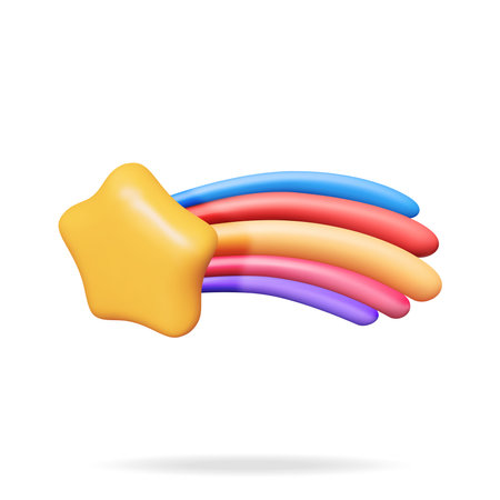 3D Shooting Star with Rainbow Tail Isolated on White. Render Plasticine Confetti Star. Colorful Firecracker Element. Party, Holyday Surprise or Birthday Events. vector illustrationのイラスト素材