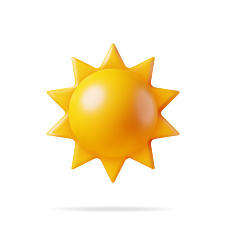 3D Sun Emoji Icon Isolated on White. Render Weather Sun Symbol. Sunlight Emoticon Yellow Cute Sunshine. Weather, Climate Forecast. Concept of Summer Vacations. Illustration Face Vector Design Art.のイラスト素材
