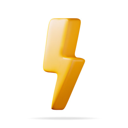 3D Lightning Sign Isolated. Render Yellow Plastic Lightning Icon. Weather or Electricity Symbol. Cartoon Flash or Charge Icon. vector illustrationのイラスト素材