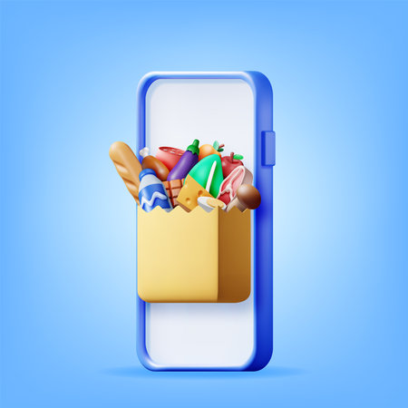 3D Smartphone with Shopping Grocery Bagのイラスト素材