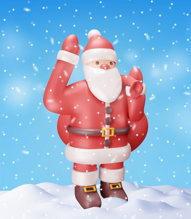 3D Santa Claus Character with Gift Bag in Snow.のイラスト素材