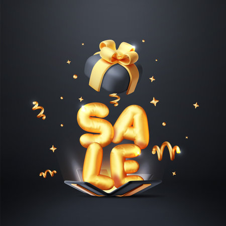3D Gift Box With Sale Balloon and Falling Confettiのイラスト素材