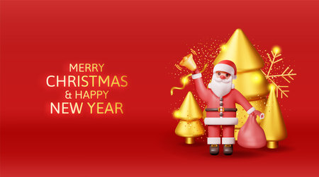 3D Santa Claus with Bell and Gold Christmas Treeのイラスト素材