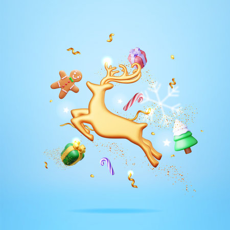3D Deer with Golden Horns and Christmas Treeのイラスト素材