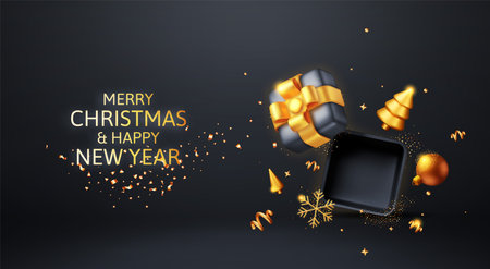 3D Open Gift Box with Golden Confetti.のイラスト素材